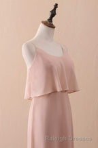 Blush Pink Spaghetti Strap Ruffled Long Bridesmaid Dress