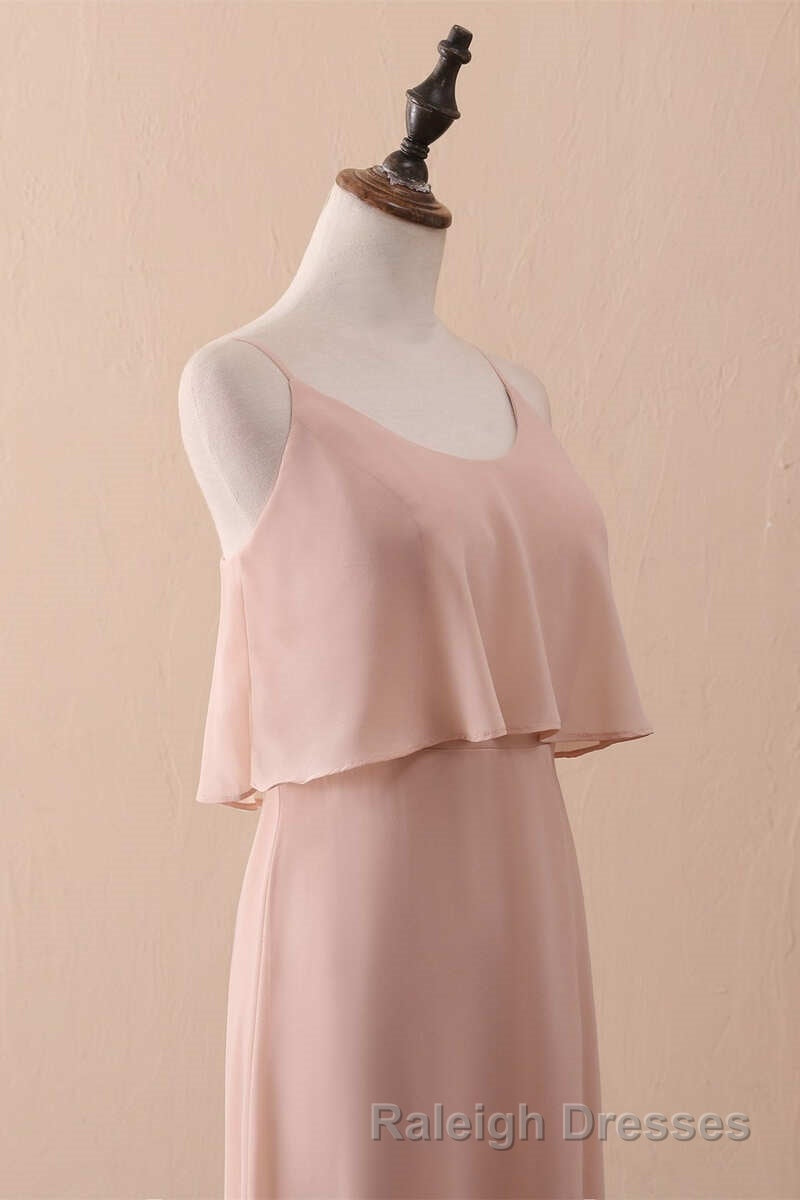 Blush Pink Spaghetti Strap Ruffled Long Bridesmaid Dress
