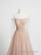 Champagne Pink Tulle Beads Long Prom Dress, Champagne Evening Dress