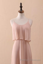 Blush Pink Spaghetti Strap Ruffled Long Bridesmaid Dress