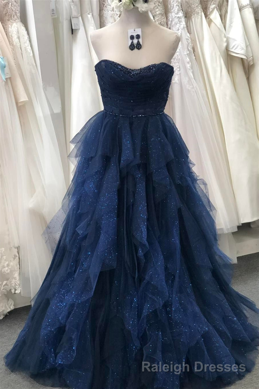 Sparkly Navy Blue Strapless Ruffle Layers Tulle Long Prom Dress