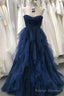 Sparkly Navy Blue Strapless Ruffle Layers Tulle Long Prom Dress