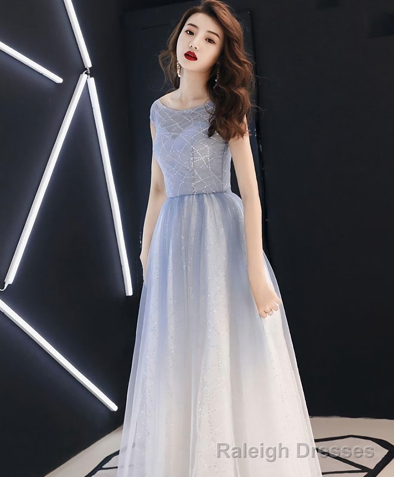 Blue Round Neck Tulle Long Prom Dress, Blue Tulle Evening Dress Main image