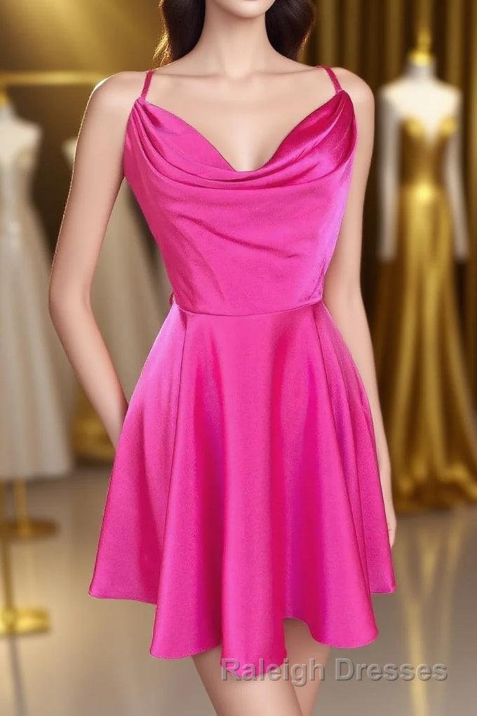 Neon Pink Cowl Neck A Line Homecoming Dresses