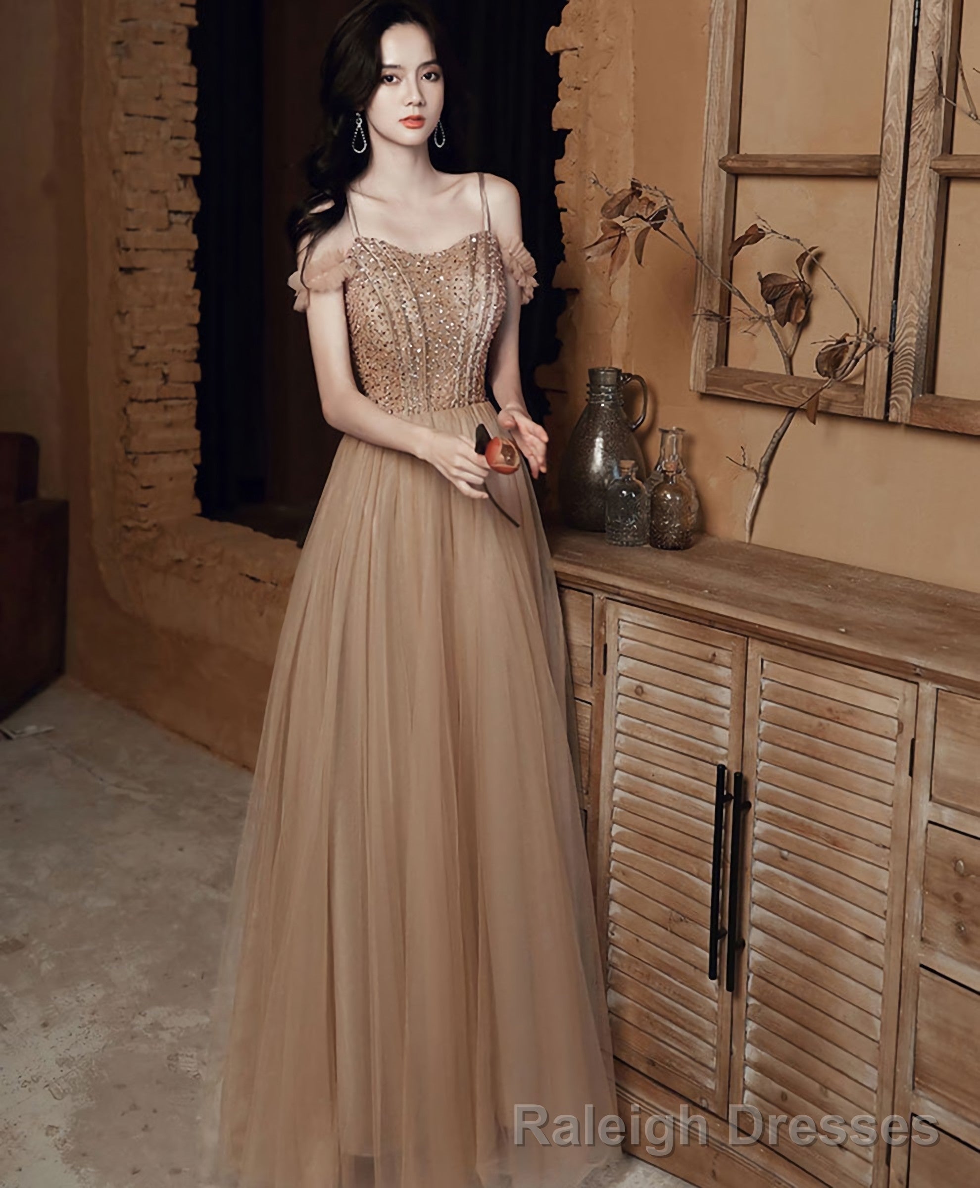 Champagne Sweetheart Tulle Sequin Long Prom Dress