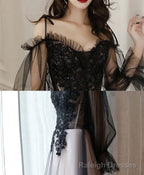 Black Tulle A Line Lace Long Prom Dress, Tulle Lace Formal Dress