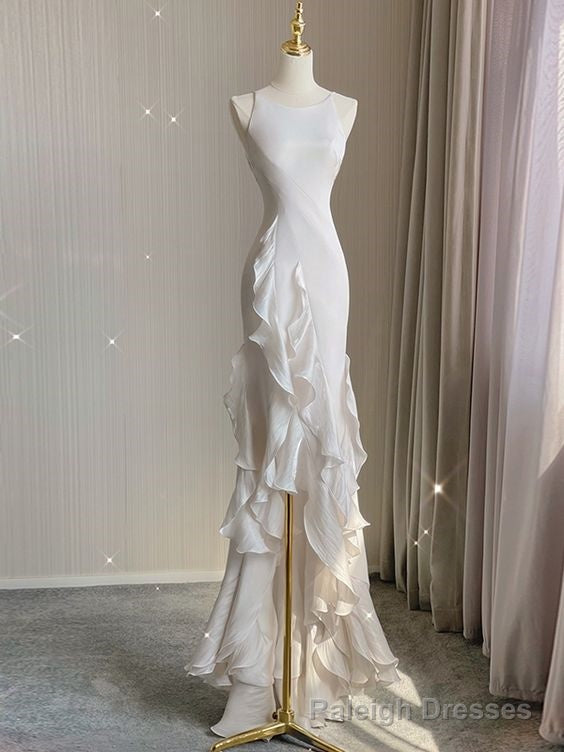White Sheath Halter Backless Wedding Dress Main image