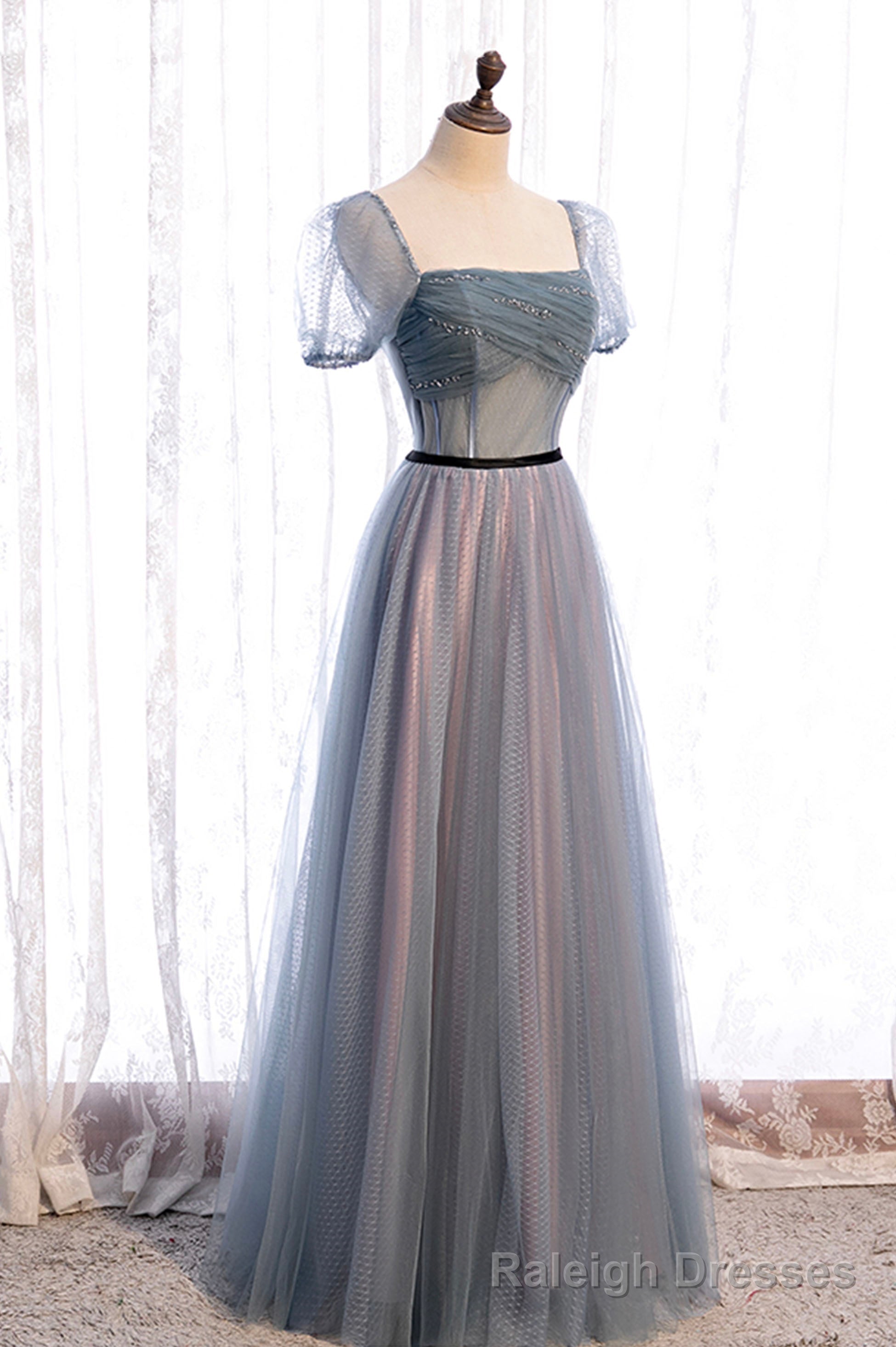 Gray Blue Tulle Long A-Line Prom Dress, Cute Short Sleeve Evening Dress Secondary image