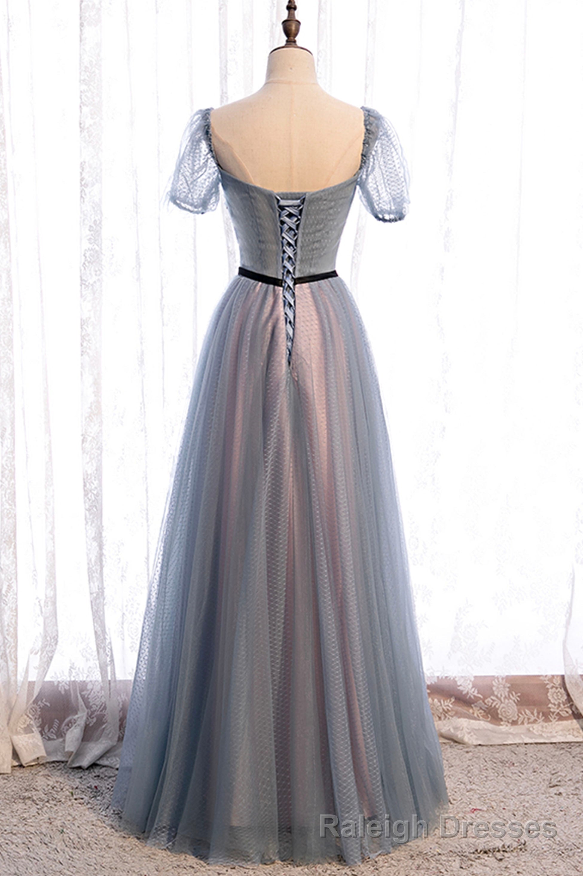 Gray Blue Tulle Long A-Line Prom Dress, Cute Short Sleeve Evening Dress Main image