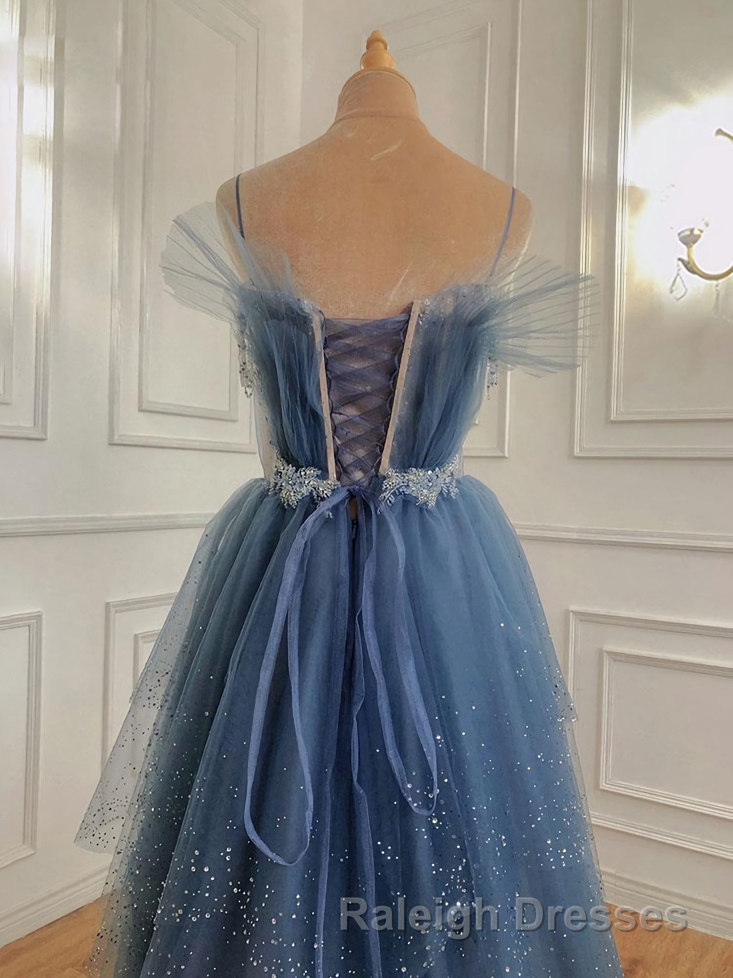 Gray Blue Tulle Beads Long Prom Dress, Blue Tulle Formal Dress