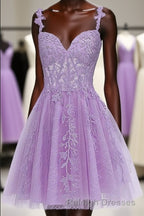 Lavender Tulle Lace Applique Homecoming Dresses Floral Tulle Short Prom Dresses