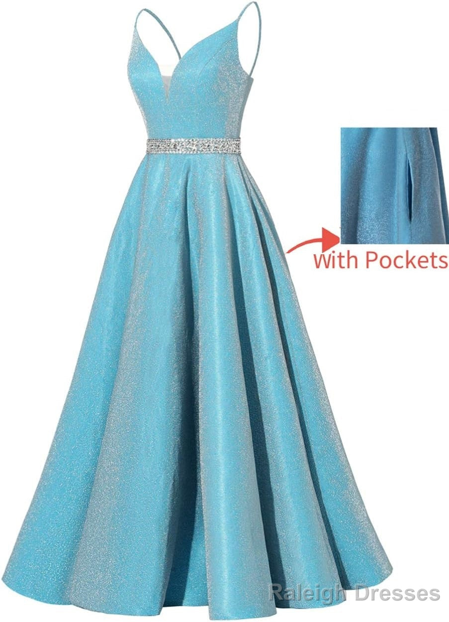 Spaghetti Straps Prom Dresses Long Satin Beaded V-Neck Formal Evening Party Ball Gowns with Pockets Main image