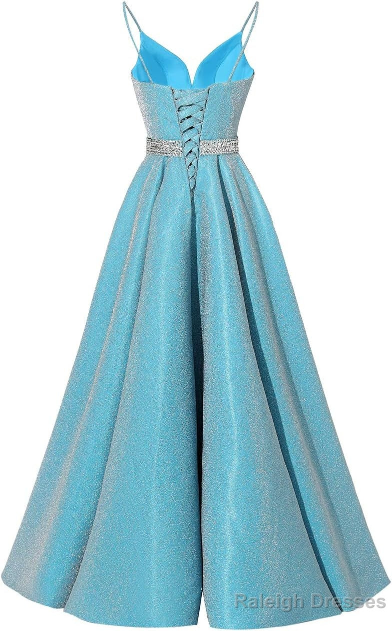 Spaghetti Straps Prom Dresses Long Satin Beaded V-Neck Formal Evening Party Ball Gowns with Pockets