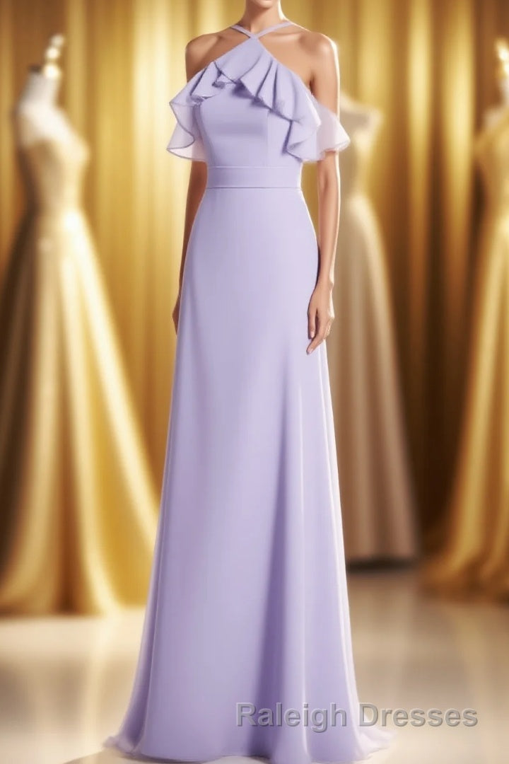 Lavender Halter Ruffled A Line Long Bridesmaid Dresses Main image