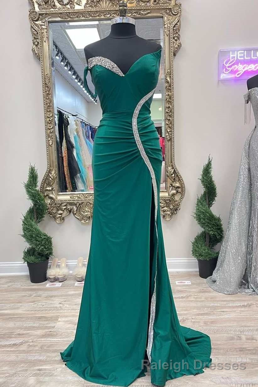 Asymmetrical Green Beaded Mermaid Long Prom Dress with Slit Main image