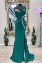 Asymmetrical Green Beaded Mermaid Long Prom Dress with Slit