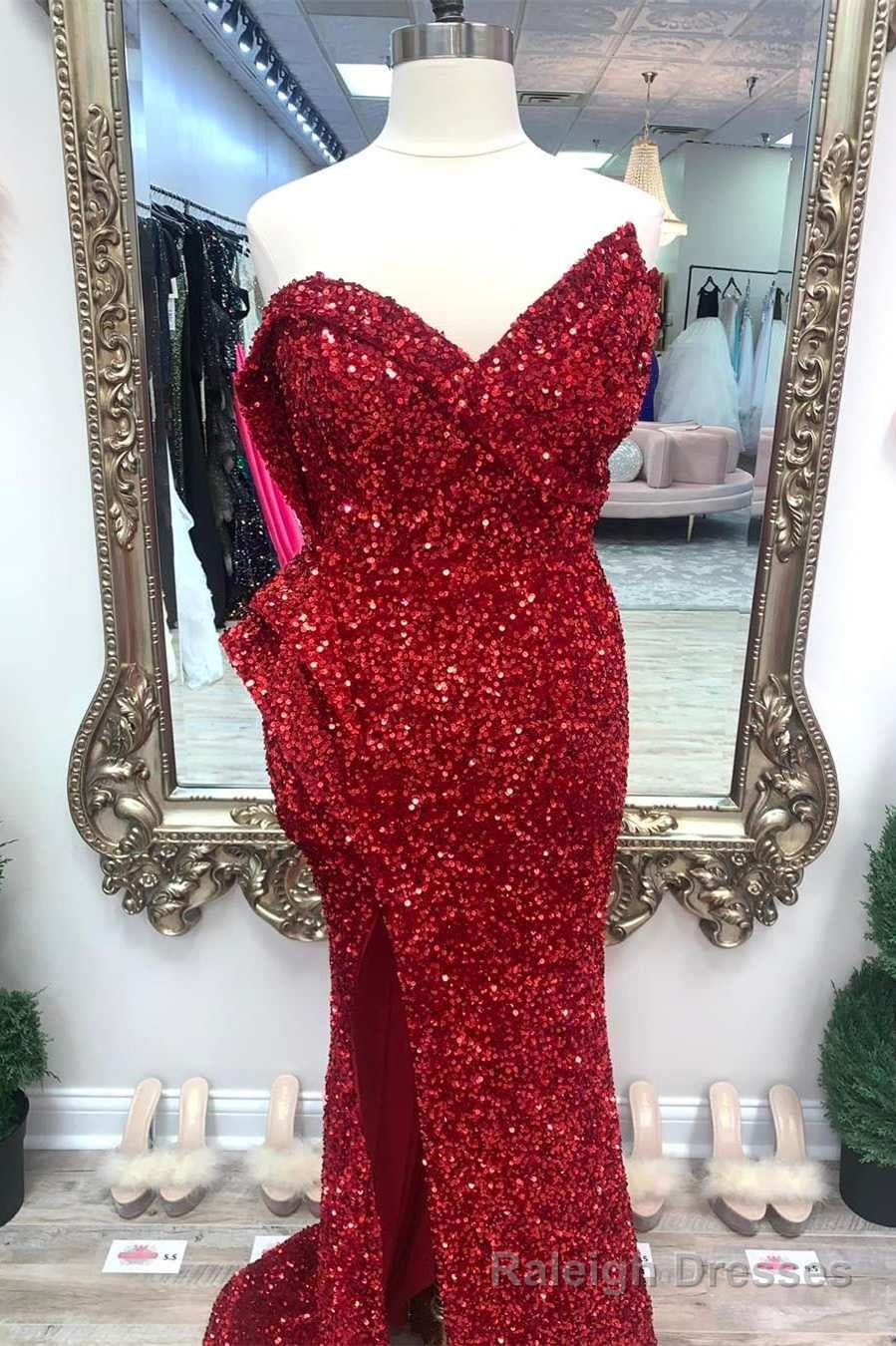 Asymmetrical Burgundy Sequin Strapless Mermaid Long Prom Dress with Slit