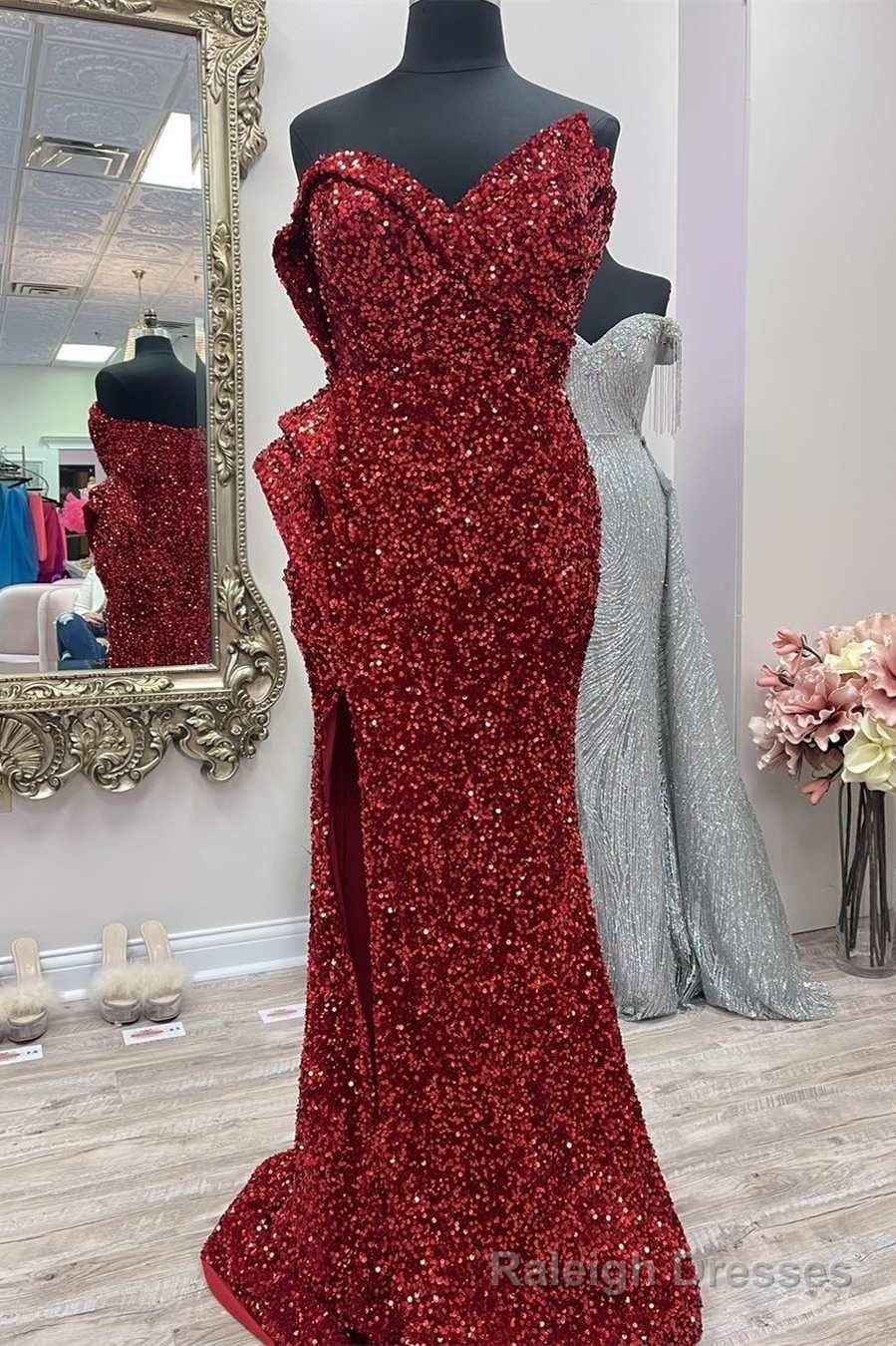 Asymmetrical Burgundy Sequin Strapless Mermaid Long Prom Dress with Slit Secondary image