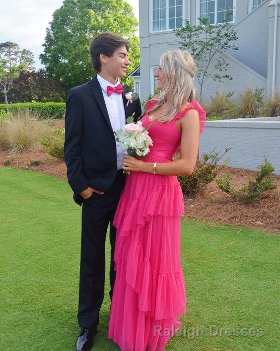 Hot Pink Long Prom Dresses Tulle Formal Evening Dress