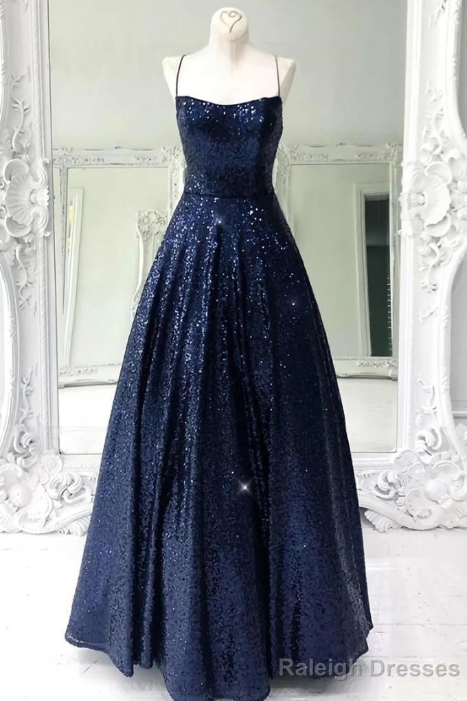 Stunning Sleeveless A Line Navy Blue Sequin Prom Dresses Main image