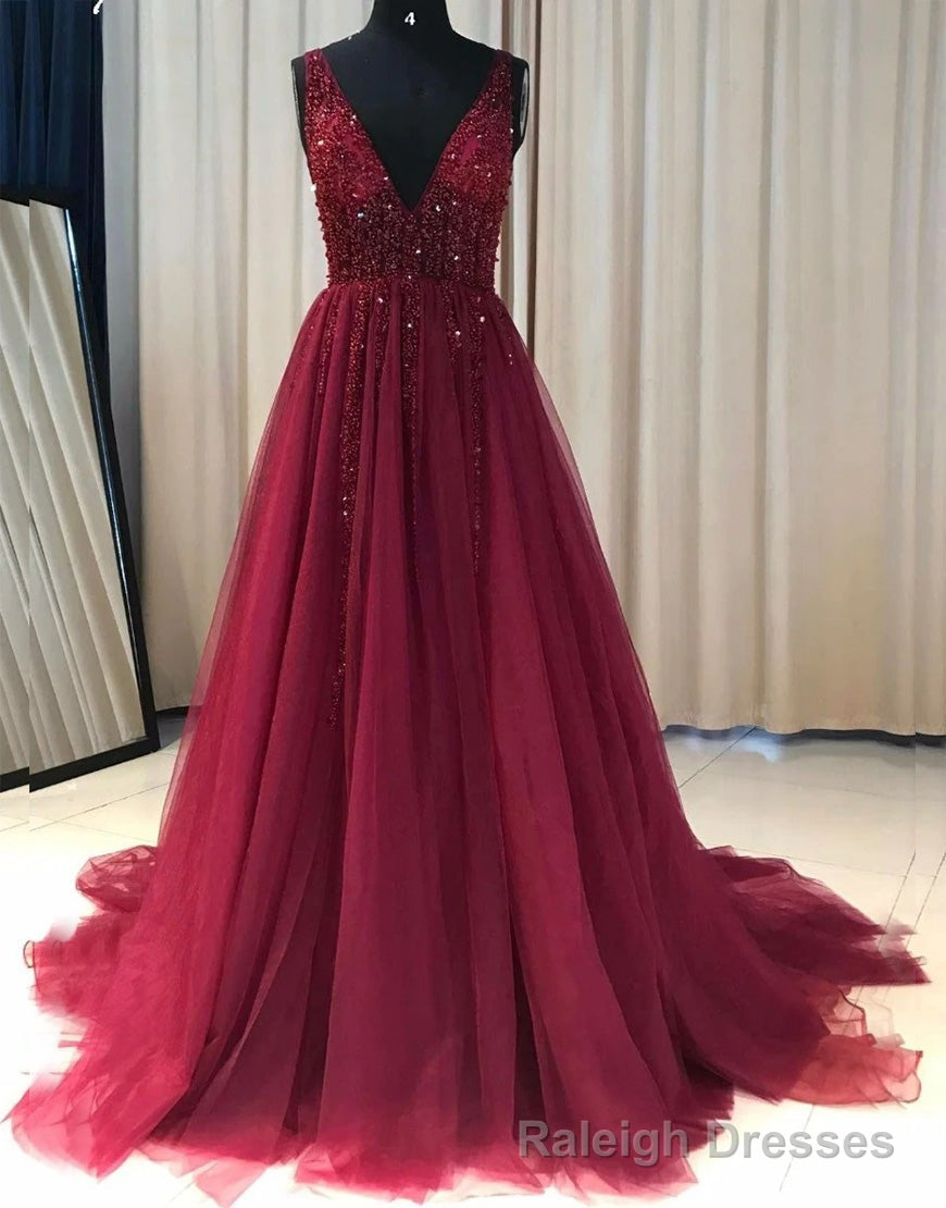 Deep V-neck Sexy A-Line Long Prom Dress With Beading Main image