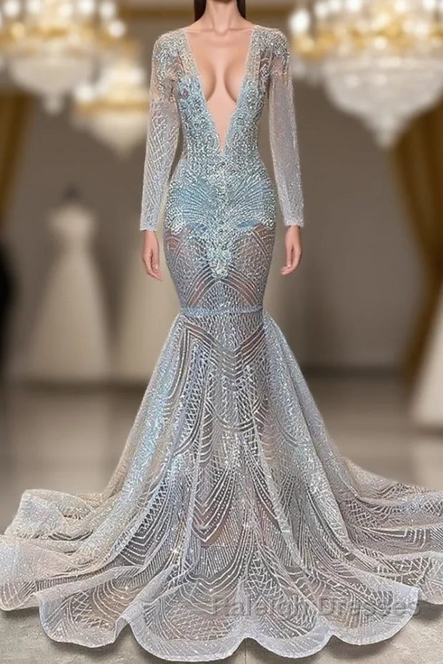 Mermaid Prom Dress with Deep V-Neck Long Sleeves Beadings Main image