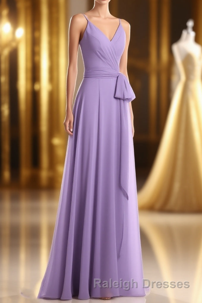 Lavender Spaghetti Straps Tie-Side Long Formal Dress