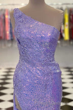 One Shoulder Sequins Prom Dresses Long with Floral Appliques