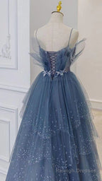 Shiny Tulle A-Line Spaghetti Straps Blue Prom Dresses Party Gowns Evening Dress