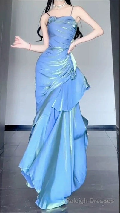 Blue Satin Long Straps Prom Dress Wine Red A Line Prom Dress Main image