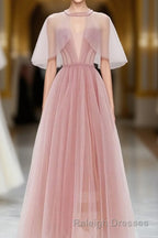 Pink Tulle Tea Length Prom Dress, Pink Tulle Formal Dress