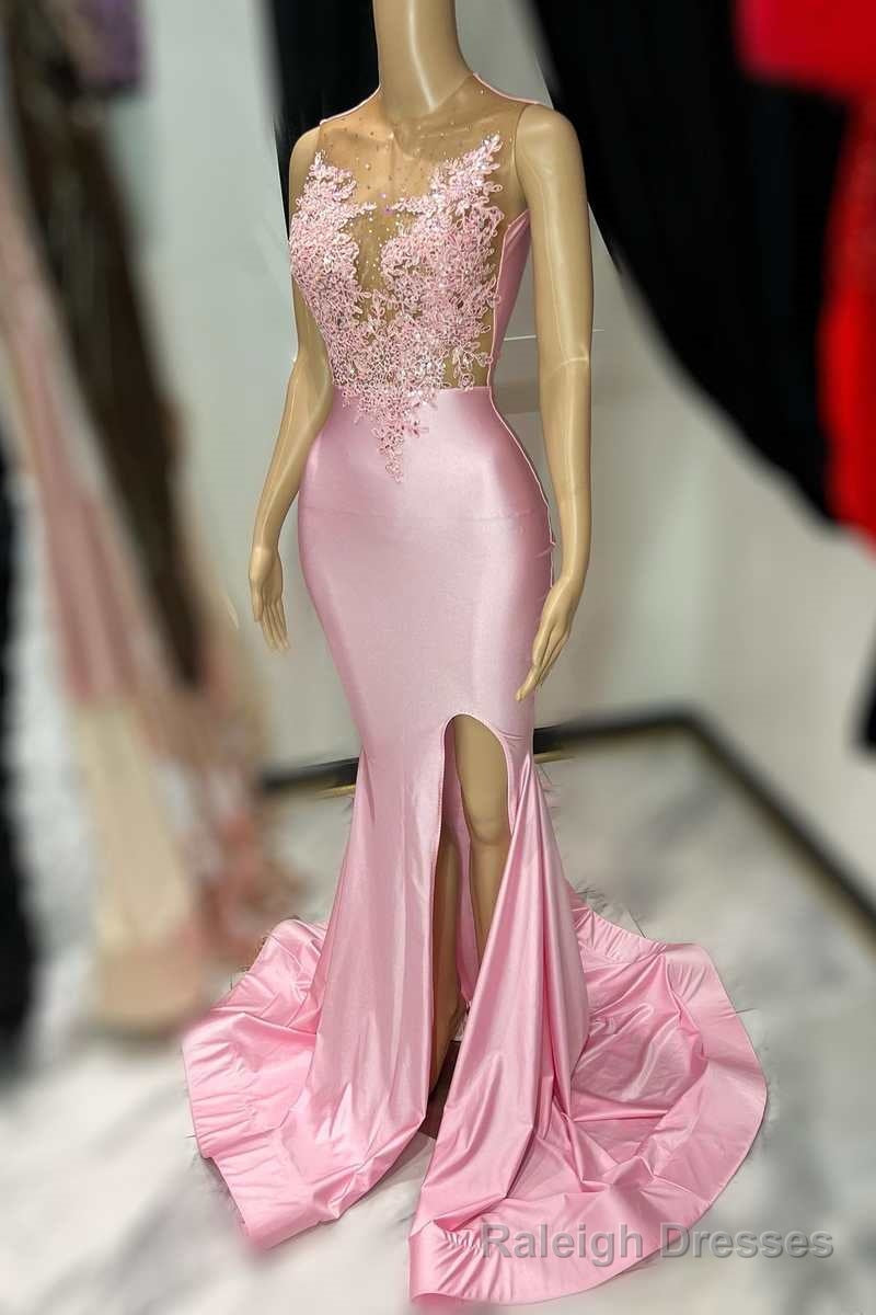 Pink Lace Satin Mermaid Long Prom Dress with Slit Secondary image