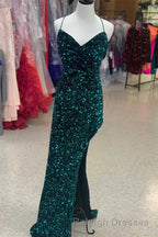 Red Sequin Cowl Neck Lace-Up Back High-Low Prom Dresses