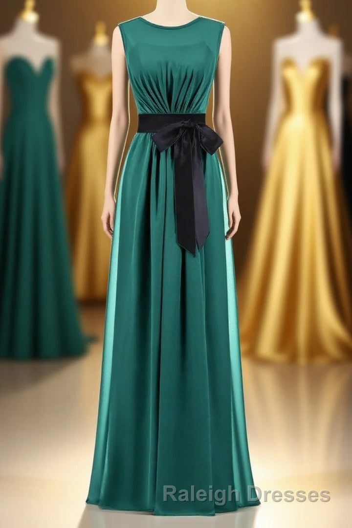 Hunter Green Crew Neck Belted Long Bridesmaid Dress Main image