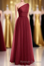 Wine Red Tulle One-Shoulder A-Line Bridesmaid Dress