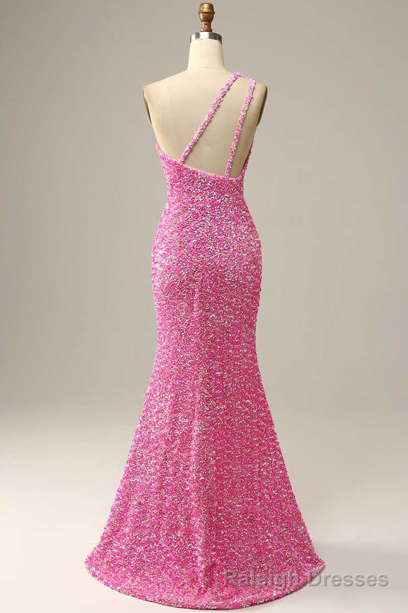 Pink Iridescent Sequin One-Shoulder Mermaid Long Formal Dress with Slit Secondary image