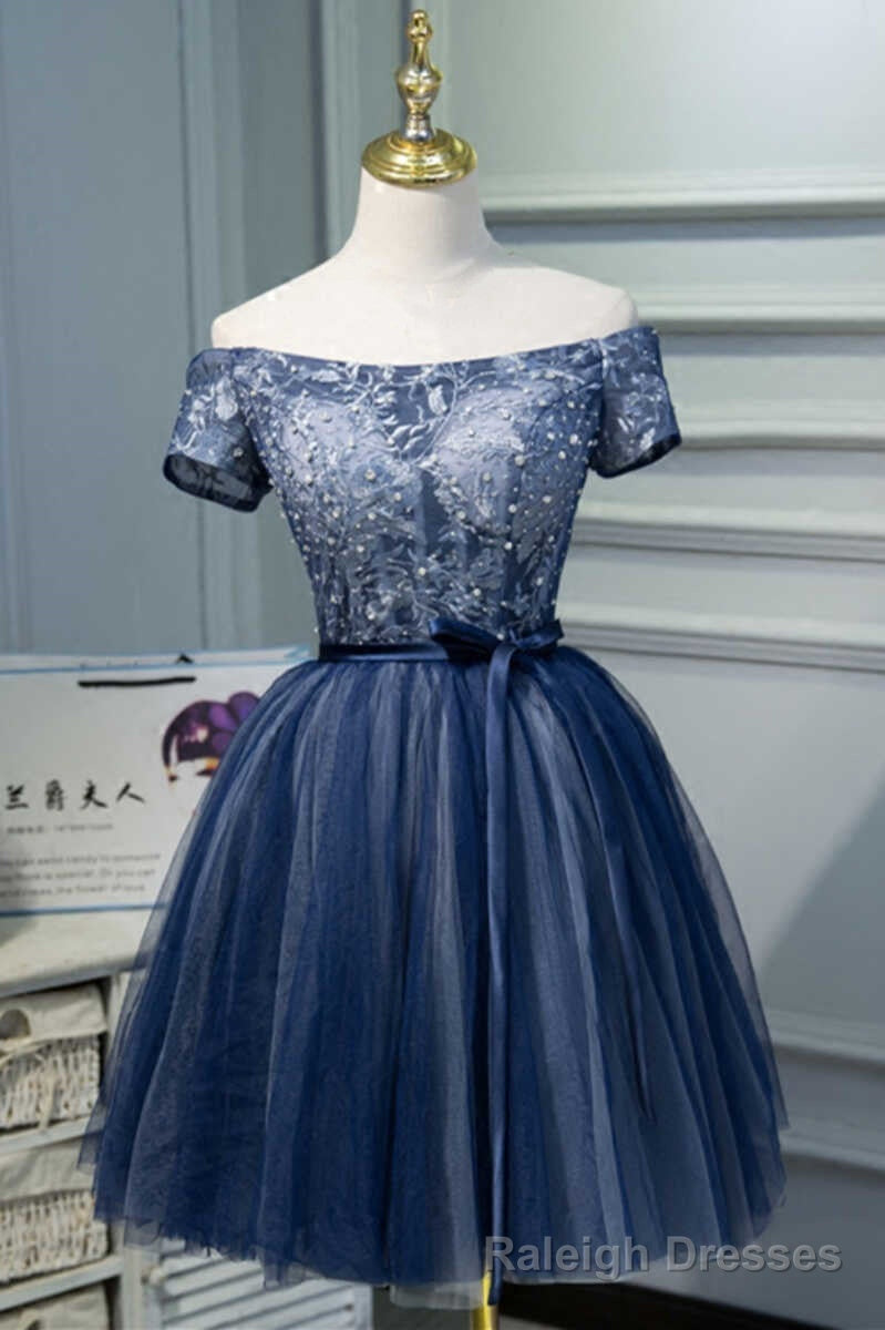 Navy Blue Off-the-Shoulder Beaded A-Line Short Party Dress Main image