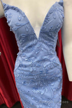 Periwinkle Appliques Plunge V Lace-Up Homecoming Dress
