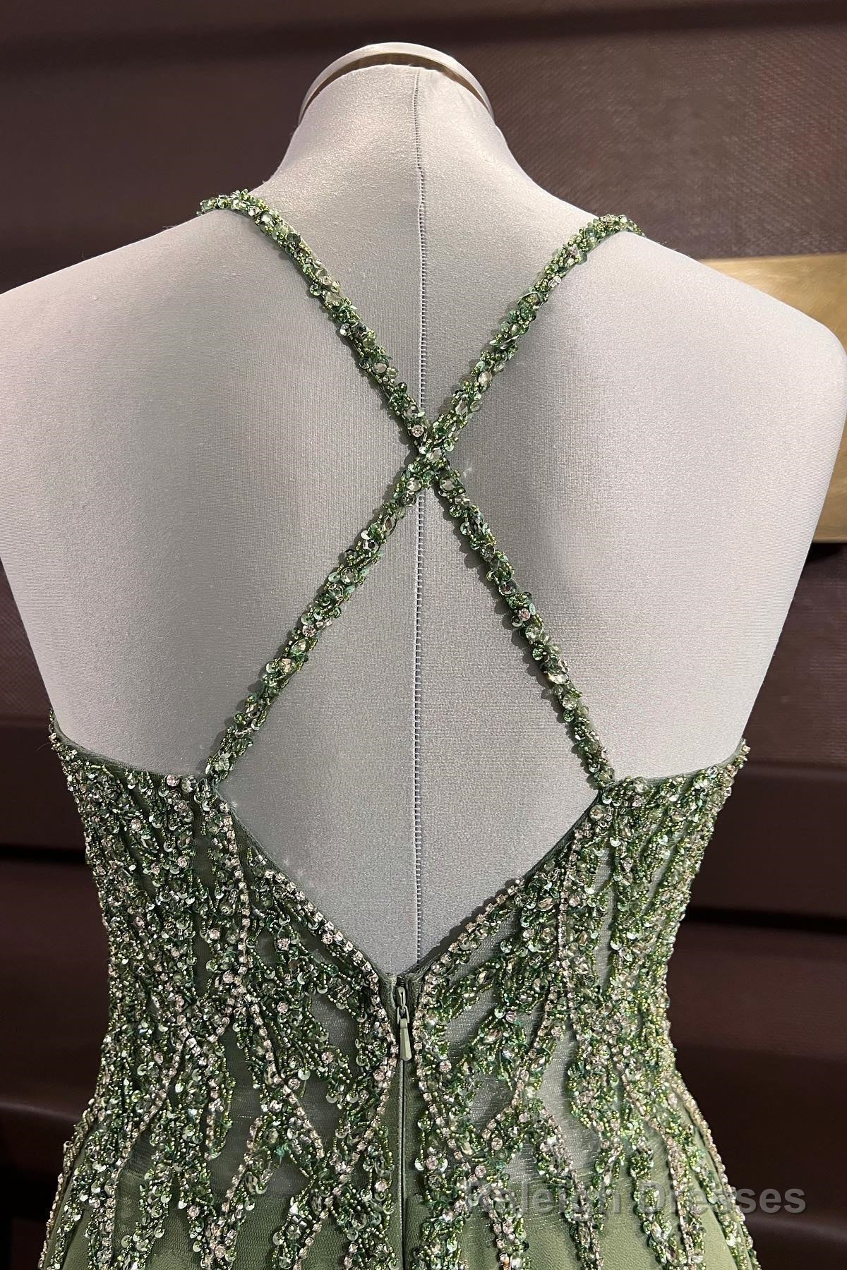 Dusty Sage Beaded Cross Back V Neck Seqins-Embroidery Long Prom Dress