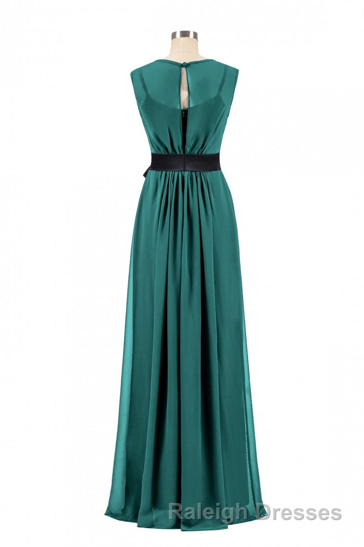 Hunter Green Crew Neck Belted Long Bridesmaid Dress