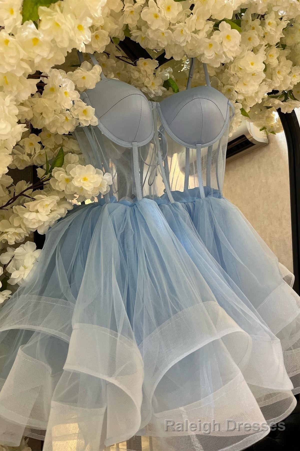 Light Blue A Line Illusion Tulle Homecoming Dress