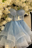 Light Blue A Line Illusion Tulle Homecoming Dress