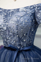 Navy Blue Off-the-Shoulder Beaded A Line Short Prom Dress