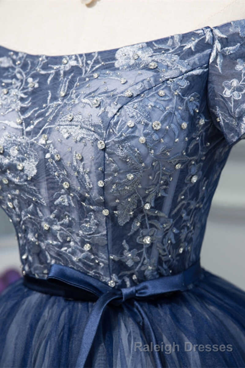 Navy Blue Off-the-Shoulder Beaded A Line Short Prom Dress