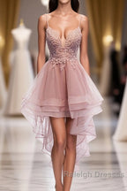 Pink Tulle Lace High Low Prom Dresses Pink Homecoming Dresses 1