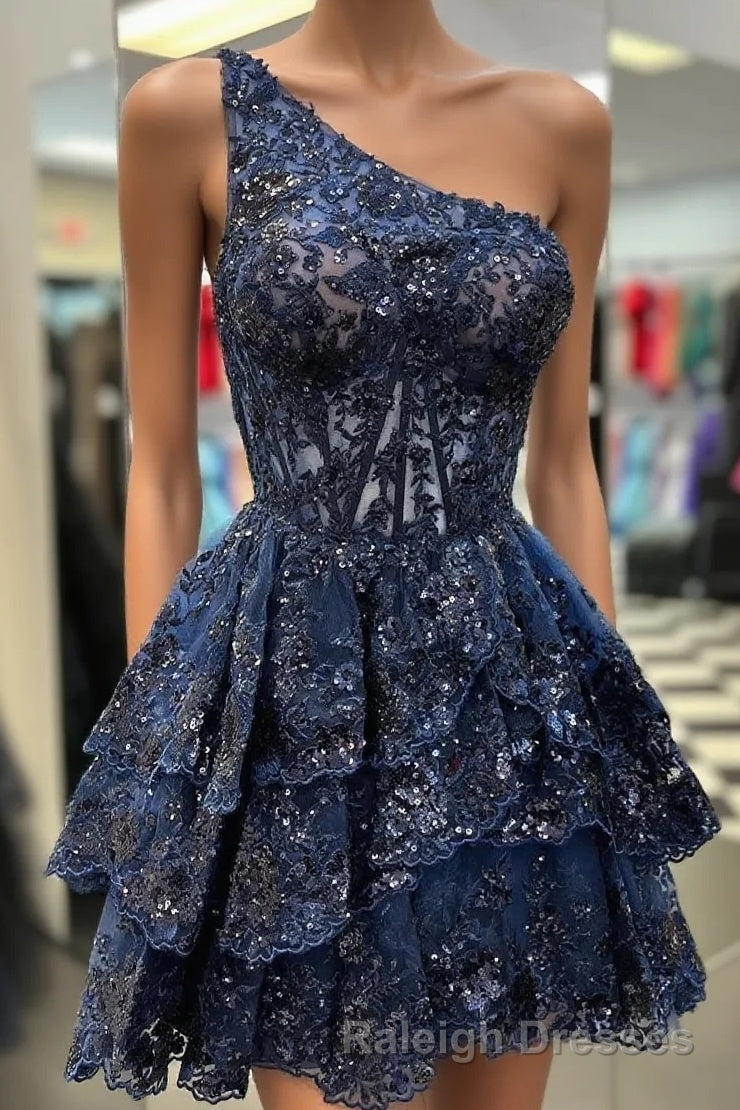 Dark Navy A-line One Shoulder Multi-Layers Homecoming Dress
