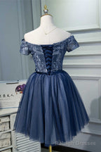 Navy Blue Off-the-Shoulder Beaded A Line Short Prom Dress