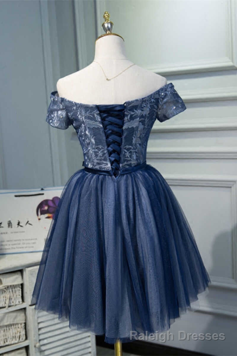 Navy Blue Off-the-Shoulder Beaded A Line Short Prom Dress