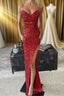 Red Sequin Cowl Neck Lace-Up Back High-Low Prom Dress