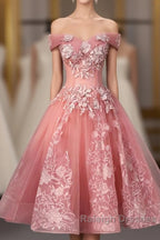 Pink Tulle Lace Off Shoulder Short Prom Dress, Pink Homecoming Dress